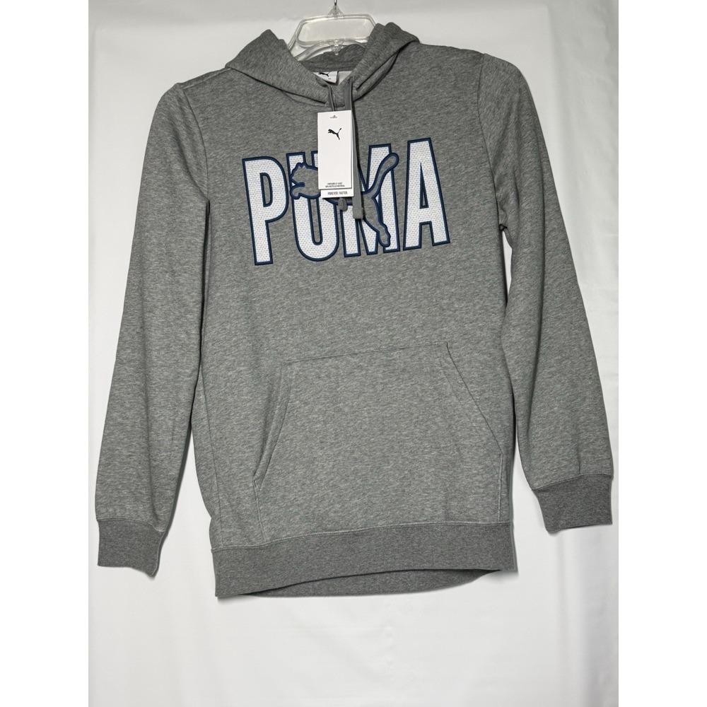 New PUMA Essentials Overlap Gray Heather Hoodie Mens Small White Graphic